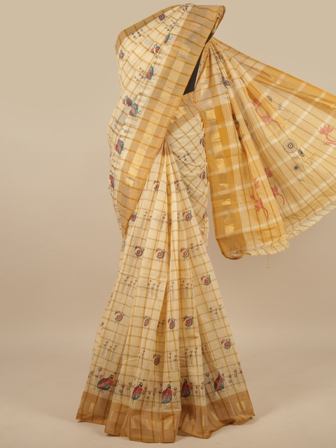 

Pothys Cream-Coloured & Blue Floral Zari Pure Cotton Saree