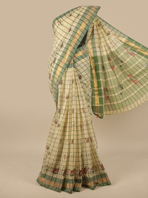

Pothys Cream-Coloured & Green Ethnic Motifs Zari Pure Cotton Saree