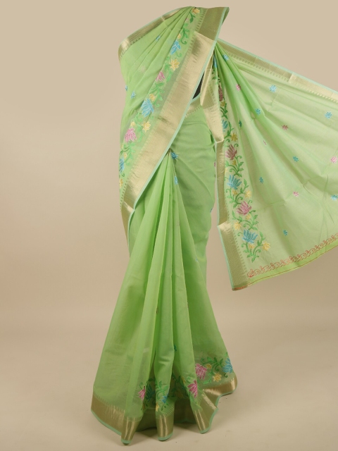 

Pothys Green & Gold-Toned Floral Embroidered Zari Saree