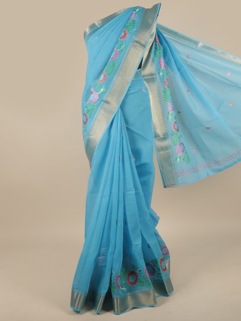 

Pothys Blue & Gold-Toned Floral Zari Saree