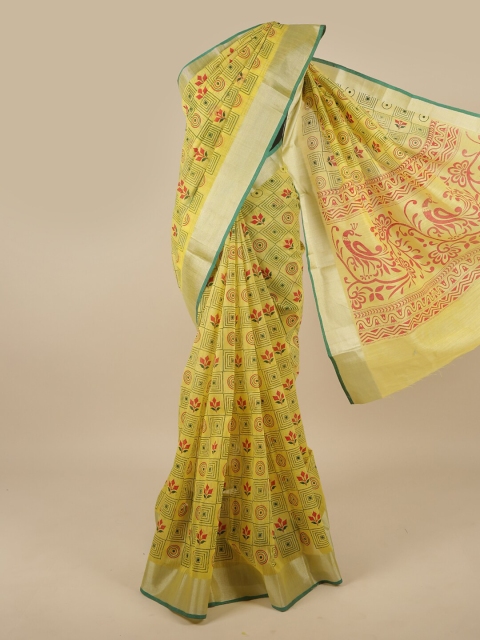 

Pothys Yellow & Green Ethnic Motifs Printed Net Saree