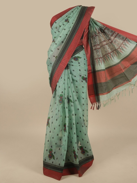 

Pothys Green & Red Ethnic Motifs Net Saree