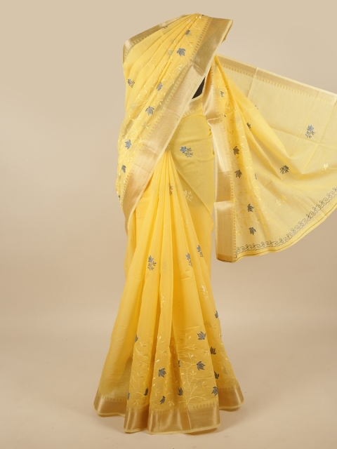 

Pothys Yellow & Grey Ethnic Motifs Embroidered Chanderi Saree
