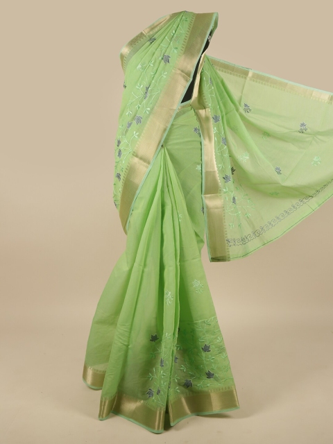 

Pothys Green & Gold-Toned Floral Printed Zari Saree