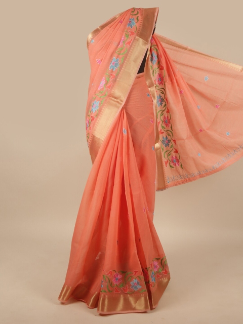 

Pothys Peach-Coloured & Blue Ethnic Motifs Embroidered Saree