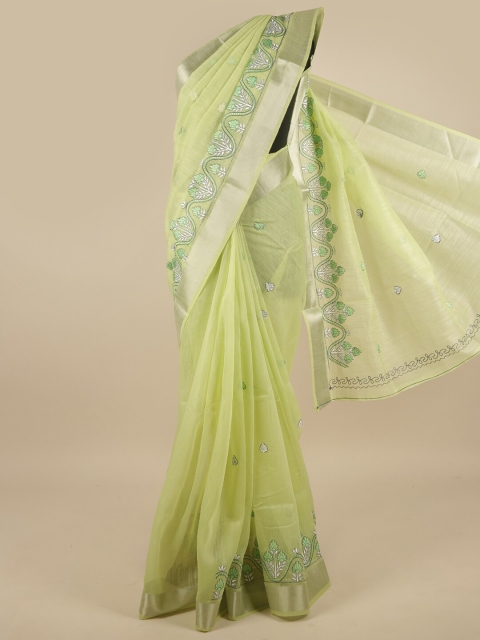 

Pothys Green & Silver-Toned Floral Embroidered Saree
