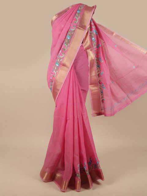 

Pothys Pink & Blue Floral Zari Saree