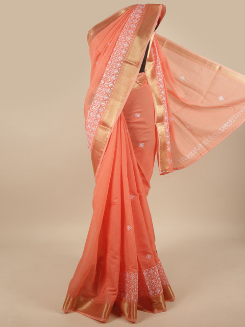 

Pothys Peach-Coloured & White Floral Zari Saree