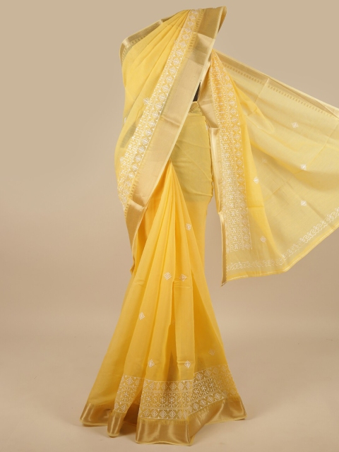

Pothys Yellow & White Floral Chanderi Cotton Zari Saree