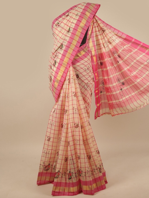

Pothys Cream-Coloured & Pink Checked Zari Pure Cotton Saree
