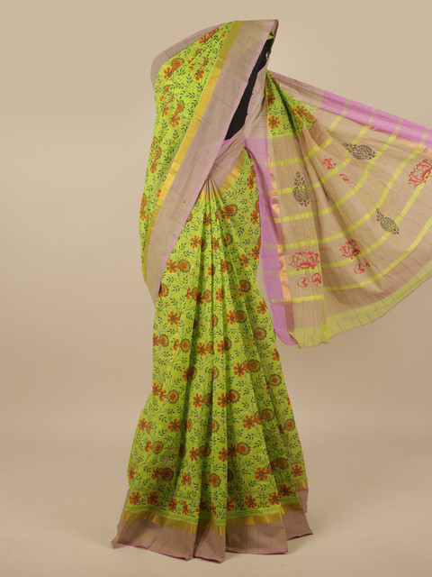 

Pothys Green & Pink Floral Printed Zari Pure Cotton Saree
