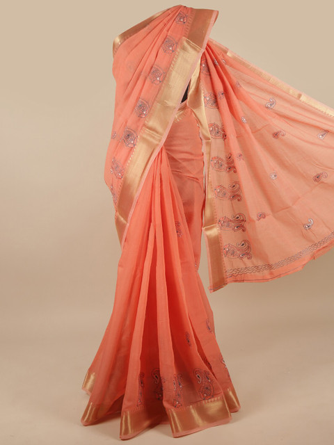 

Pothys Peach-Coloured & Grey Floral Zari Saree
