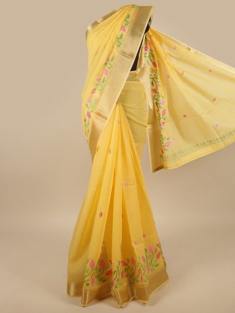 

Pothys Yellow & Pink Floral Embroidered Saree
