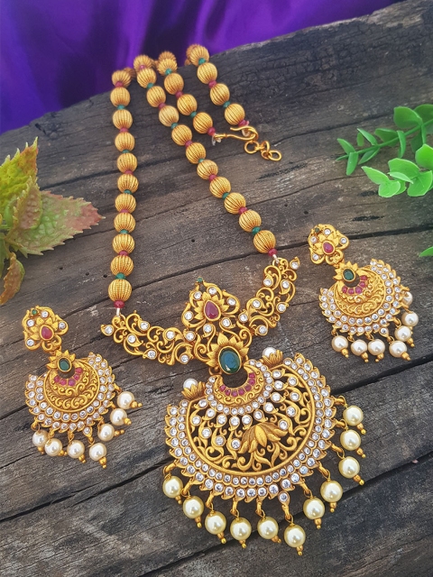 

GRIIHAM Gold-Plated Green & Pink AD-Studded Jewellery Set