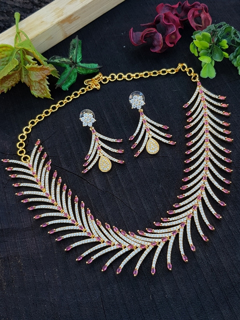 

GRIIHAM Gold-Plated White & Pink AD-Studded Jewellery Set