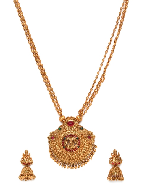

GRIIHAM Gold-Plated Pink & Green American Diamond Studded & Beaded Jewellery Set