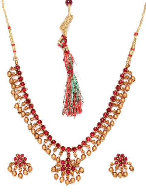 

GRIIHAM Gold-Plated Red AD-Studded & Beaded Jewellery Set