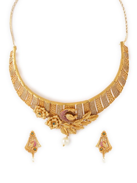 

GRIIHAM Gold-Plated Pink & Green AD-Studded Jewellery Set