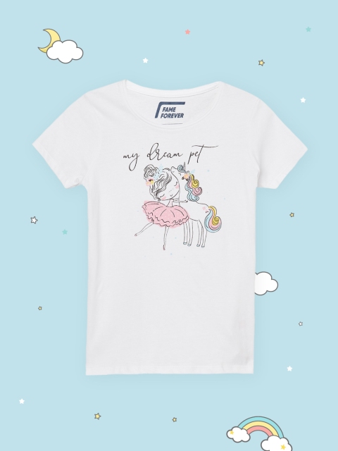 

Fame Forever by Lifestyle White Pure Cotton Unicorn & Girl Printed T-Shirt