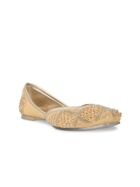 

Jove Women Gold-Toned Embellished Leather Ethnic Mojaris Flats