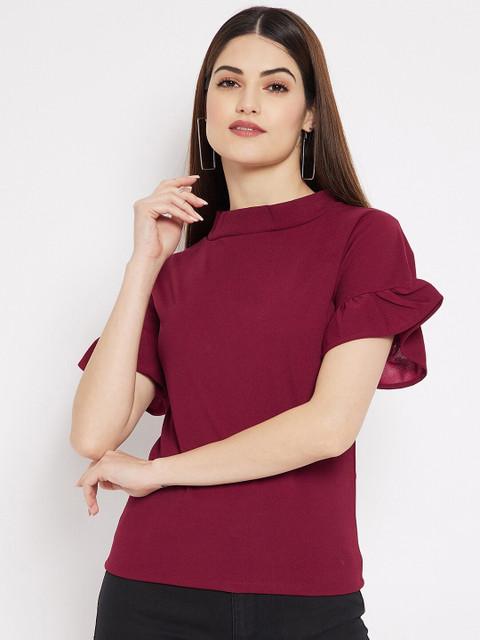 

STALK Maroon High Neck Bell Sleeves Scuba Top