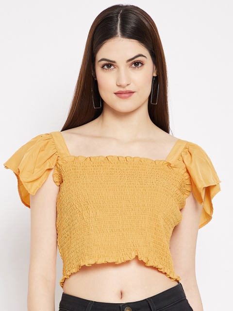 

STALK Mustard Women Yellow Self Design Square Neck Crop Top