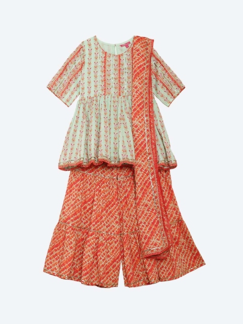 

Biba Girls Blue Ethnic Motifs Printed Empire Kurti with Palazzos & With Dupatta