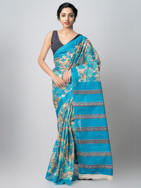 

Unnati Silks Blue & Beige Floral Block Print Handloom Sustainable Pure Cotton Kovai Saree