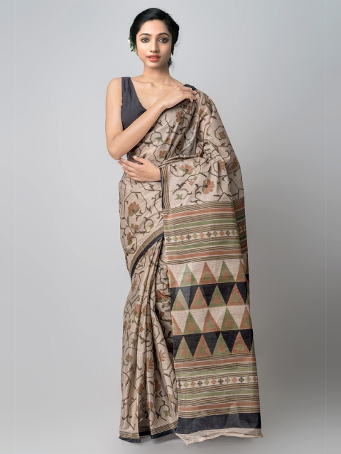 

Unnati Silks Beige & Green Handloom Sustainable Printed Pure Cotton Kovai Saree