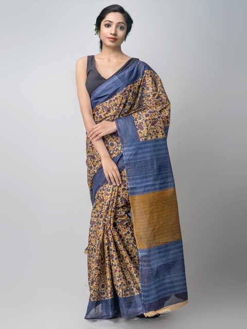 

Unnati Silks Brown & Blue Floral Handloom Sustainable Pure Cotton Kovai Saree