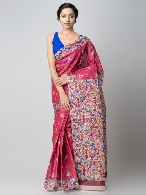 

Unnati Silks Pink & Blue Sustainable Ethnic Motifs Printed Pure Cotton Kovai Saree