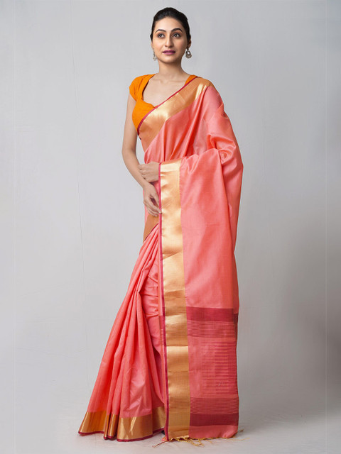 

Unnati Silks Peach-Coloured & Gold-Toned Woven Design Zari Silk Cotton Kanjeevaram Saree