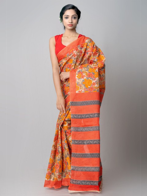 

Unnati Silks Orange & Yellow Floral Printed Handloom Sustainable Pure Cotton Kovai Saree