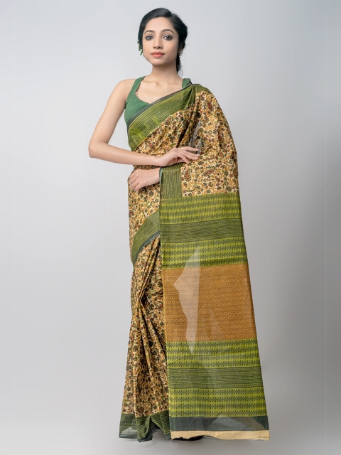 

Unnati Silks Brown & Green Floral Handloom Sustainable Pure Cotton Kovai Saree