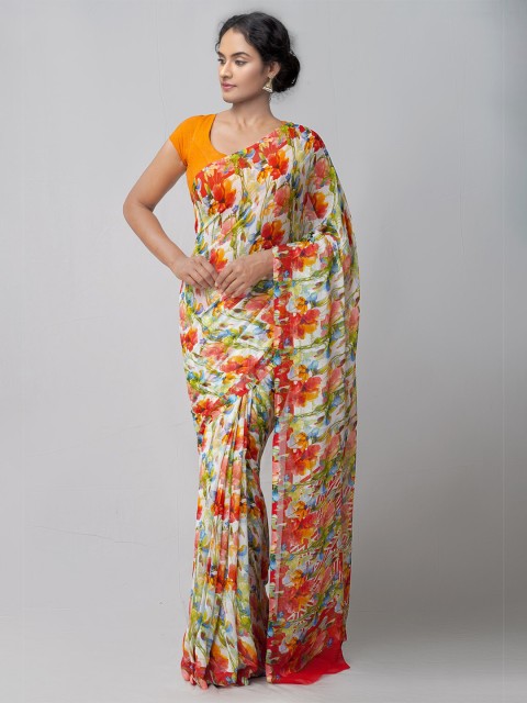 

Unnati Silks White & Red Floral Patola Saree