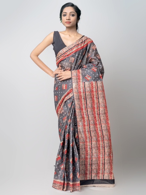 

Unnati Silks Grey & Red Ethnic Motifs Handloom Sustainable Pure Cotton Kovai Saree