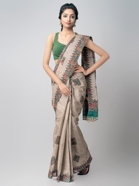 

Unnati Silks Beige & Green Handloom Sustainable Floral Pure Cotton Kovai Saree