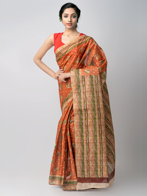 

Unnati Silks Red & Orange Geometric Printed Handloom Sustainable Pure Cotton Kovai Saree
