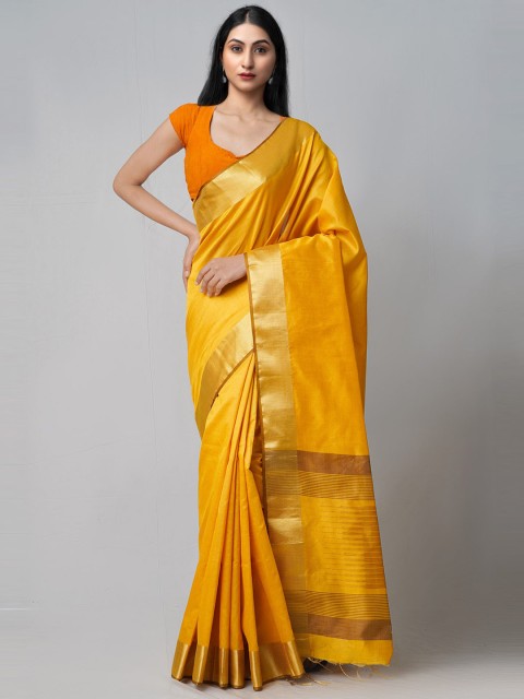 

Unnati Silks Yellow & Gold-Coloured Zari Silk Cotton Kanjeevaram Saree