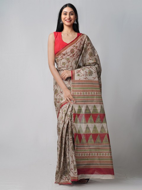 

Unnati Silks Beige & Maroon Floral Handloom Sustainable Pure Cotton Kovai Saree