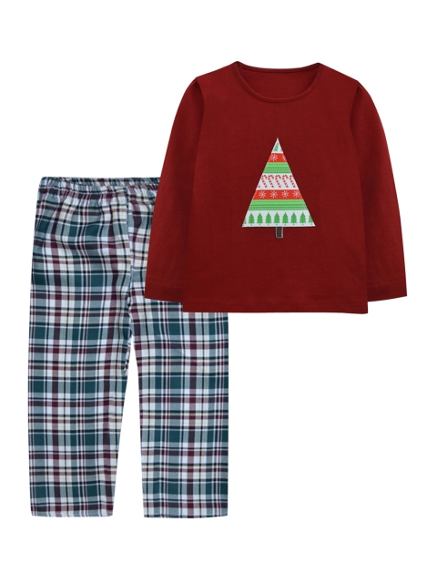 

A T U N Girls Maroon & Green Printed Pure Cotton Night suit