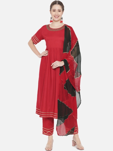 

Prakhya Women Red Beads and Stones Kurta with Trousers & With Dupatta