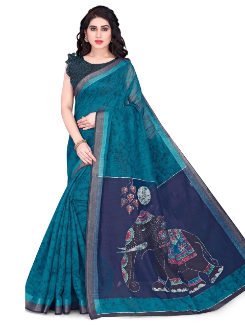 

KALINI Turquoise Blue & Red Ethnic Motifs Zari Saree