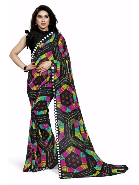 

MIRCHI FASHION Black & Pink Bandhani Printed Mirror Work Bandhani Saree