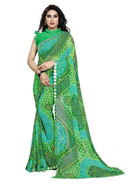

MIRCHI FASHION Green & Yellow Bandhani Mirror Work Bandhani Saree