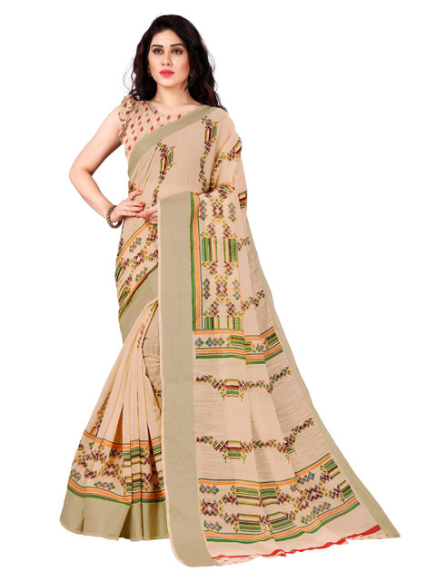 

KALINI Peach-Coloured & Green Abstract Printed Zari Saree