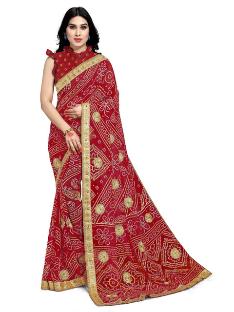 

KALINI Maroon & White Bandhani Patchwork Bandhani Saree