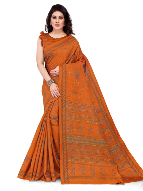 

KALINI Orange & Green Floral Silk Blend Bagh Saree