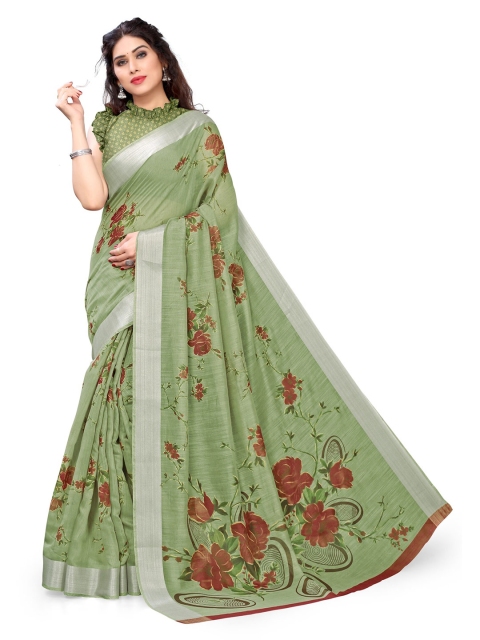 

KALINI Green Floral Printed Polycotton Saree