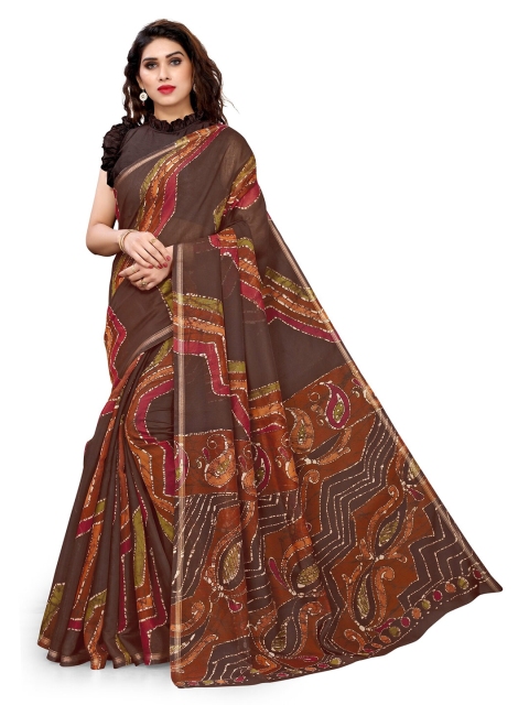 

KALINI Brown & Maroon Batik Printed Zari Saree